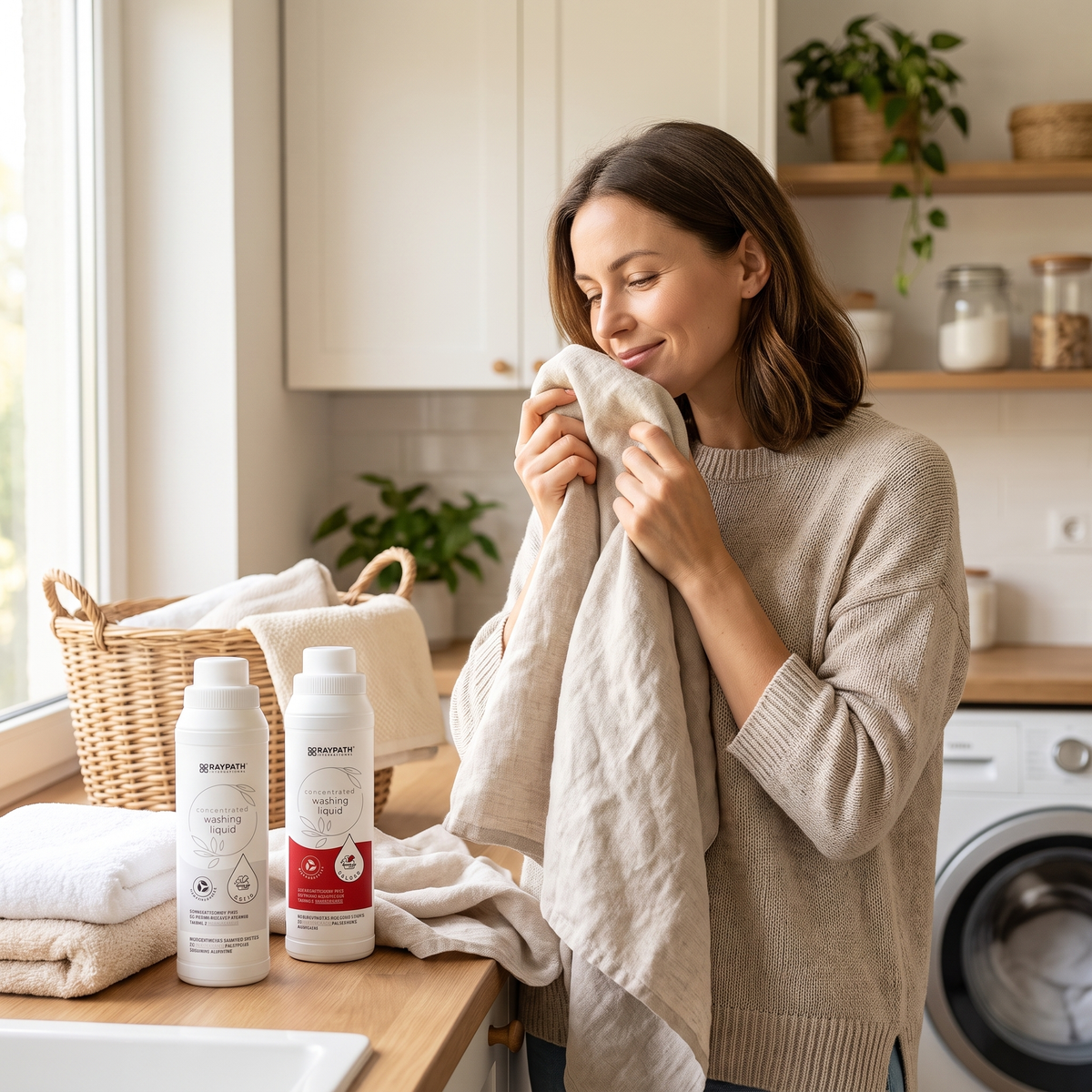 Kobieta wąchająca świeżo wyprane pranie z produktami Raypath do pielęgnacji tkanin